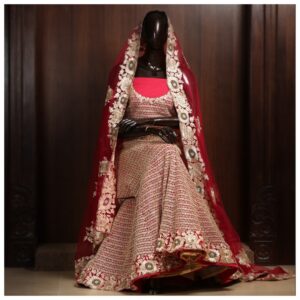 Maroon fishcut net bridal lehenga